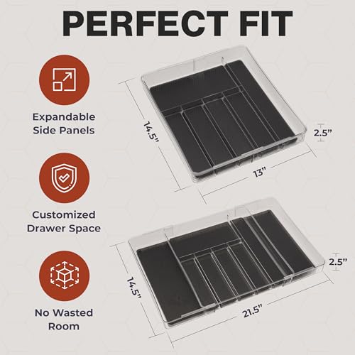 Masirs Expandable Utensil Drawer Organizer - BPA-Free Plastic Clear Silverware Tray with Multiple Compartments - Non-Slip Cutlery Storage for Kitchen, Bathroom, or Office Drawers (Black) - Image 2