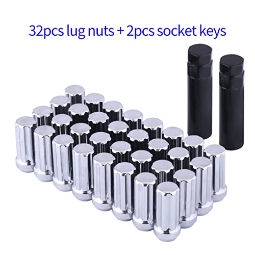 M14x1.5 Lug Nuts 14x1.5 7 Spline Lug Nuts M14 x 1.5 Chrome 2\" Tall 32 Pack 2 Socket Keys 14mmx1.5 Lug Nuts Acorn Lug Nut Fit for Ford F250 F350 Super Duty Chevy Silverado 1500 2500HD GMC Sierra