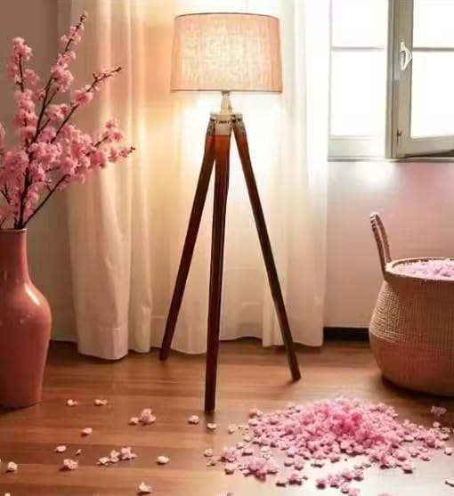 Rustic Wooden Craft Tripod Floor Lamp for Living Room, Bed Room with Wooden Crafter Stand | Modern Decorative Tripod Lamp in Jute Shade Brown LED-image-10