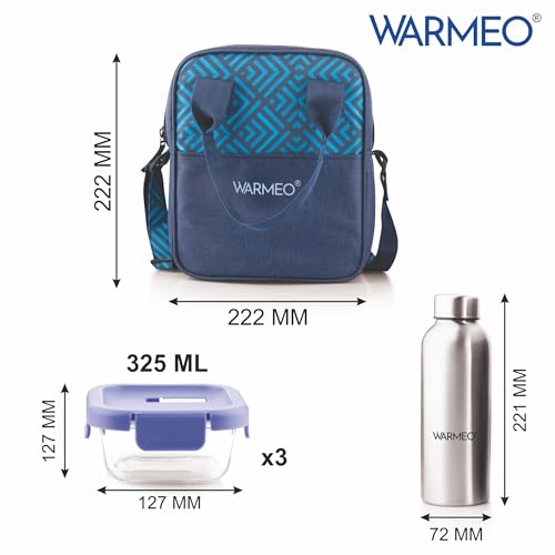 Image of WARMEO BOROFRESH Set of 4 Borosilicate Glass Tiffin (3 Square Container,325ml Each + 1 Steel Bottle 750 ml)| Leakproof, Microwave & Dishwasher Safe Lunch Box with Bag for Office, College & School