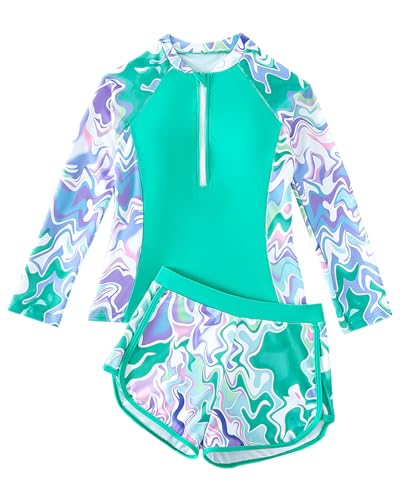 Opiniones de Trajes de dos piezas para Niña los más solicitados. 43 DivingBirds - Traje de baño de manga larga con cremallera para niñas, traje de baño de dos piezas con pantalón corto de natación de 8 a 14 años, Verde, 11-12 Years