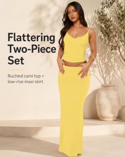 Image of Two Piece Skirt Set Women Maxi Long Skirt and Top Outfit | Soft stretchy 5 pc, slim bodycon, adjustable spaghetti straps, ruched crop tank, elastic waist, going out, beach vacation