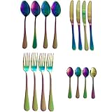 Lightahead 16pcs Rainbow colored Iridescent Stainless Steel Flatware Tableware Cutlery Set (Multicolored)