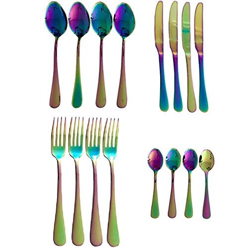 Lightahead 16pcs Rainbow colored Iridescent Stainless Steel Flatware Tableware Cutlery Set (Multicolored)