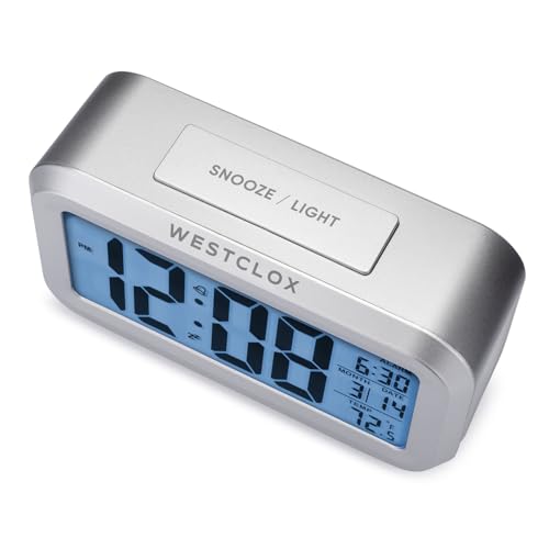 Image of Westclox Alarm Clock with Large Digital Display and Blue Backlight on Demand, Westclox Alarm Clock, Month /Date and Temperature Display with Ascending 5 Minute Snooze Alarm, Silver
