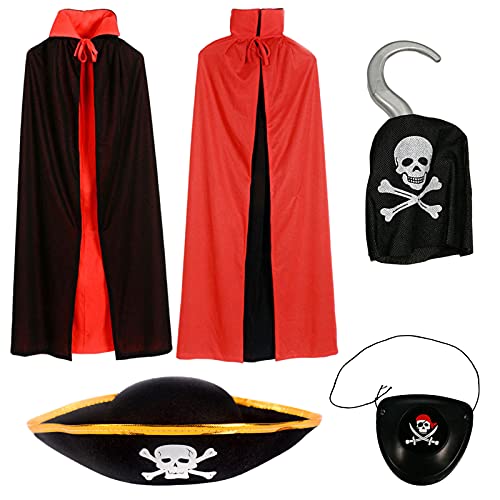 Echolife 4Pcs Pirate Costume Accessories - Gold Rim Pirate Hat, Skull Eye Patch, Pirate Hand Hook, Black Red Reversible Devil Pirate Cloak with Stand Collar, Halloween Costume for Cosplay Party