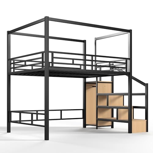 Image of Bellemave Queen loft Bed with Storage Stairs, LED, Wardrobe, Canopy Support Pole, Metal Queen Loft Bed Frame for Adults, Kids, Teens, Canopy can be Disassembled, Black+Natural Wood