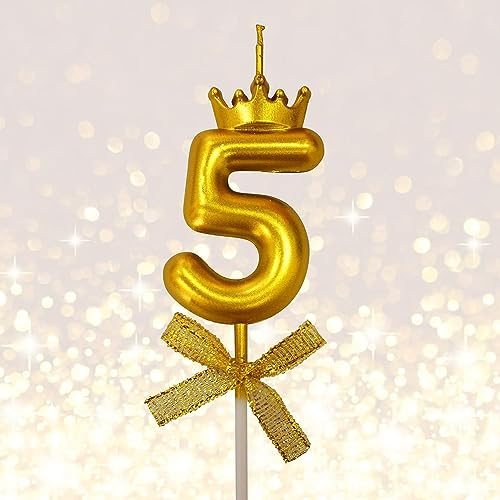 Image of 1 Pc 5 Number Candle for Birthday Cake Metallic Gold Number 5th Birthday Cake Decoration Five Candle with Crown on Top Cake Topper 0-9 Number Candles for Anniversary (Pack of 1, Gold)