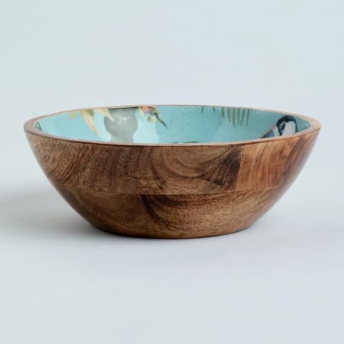 Image of SAAGA Printed Mango Wood Mixing Bowl - 8 x 2.5 Inch Large Stylish Wooden Serving Bowl for Salad, Fruits, Snacks & Curries - Tourmaline Finish