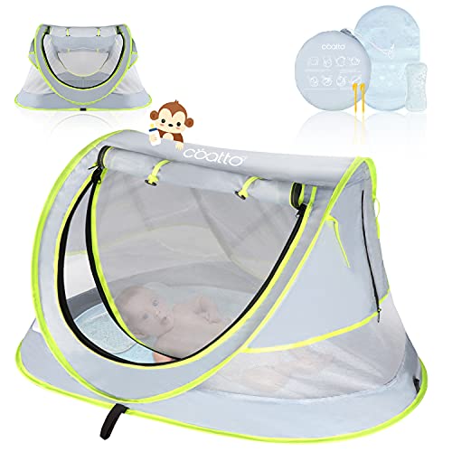 Portable Baby Tent, CCATTO Pop Up Beach Tent for Baby, Enhanced Ventilation, UPF 50+ Sun Shelter for Infant, Baby Camping Bed with Mosquito Net (Pegs, Travel Bag, Bonus Cooling Sleeping Kit Included)