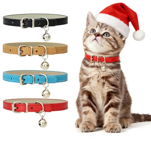 Viaky Cat Collar 4PCS, Colorful PU Leather Collar with Detachable Bell, Soft Adjustable Pet Collar for Adult Cat and Small Dog, Neck Circumference 20-28 CM (Beige/Blue/Red/Black)