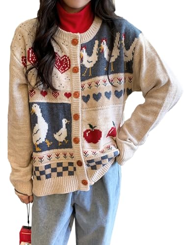 Women’s Cute Contrast Jacquard Cardigan Long Sleeve Button Down Crew Neck Kawaii Preppy Style Cardigan Sweater