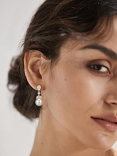 SWEETV Cubic Zirconia Pearl Drop Wedding Earrings for Brides, Ivory Bridal Pearl Earrings for Bridesmaid Jewelry Gift2