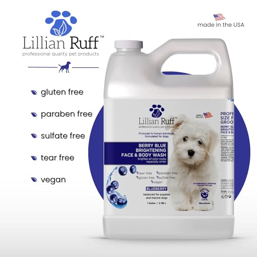 Lillian Ruff PRO Formula Berry Blue Brightening Pet Shampoo - Ultra-Hydrating Professional Whitening Dog Shampoo, Vivid Show-Quality Coat Enhancer, Tear Stain & Odor Eliminator, Vitamin B5, 128oz+Pump
