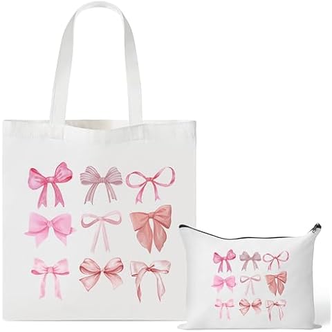 Y1tvei Pink Bows Canvas Bag - 2Pcs Coquette Pink Bow Preppy Makeup Bag Set, Cute Aesthetic Pink Bow Canvas Tote Bag, Reusable Grocery Folding Shopping Bag, Coquette Stuff Zipper Pouch Gifts for Women Cover
