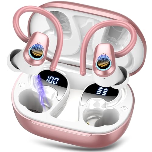 Wireless Earbuds Bluetooth 5.3 Headphones with 4 ENC Noise Canceling Mic 50H Stereo Dual LED Display Ear Buds Sport Bluetooth Earphones with Earhooks IP7 Waterproof Wireless Headphones Rose Gold