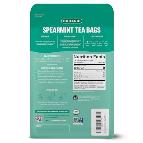Image of FGO Organic Spearmint Leaf Tea, 100 Count, Eco-Conscious Tea Bags, Caffeine Free, Resealable Bag, Packaging May Vary (Pack of 1)
