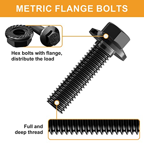 Vigrue 252Pcs M6-1.0 M8-1.25 Flange Hex Head Bolts Nuts Washers Kit(12Mm To 30Mm) Class 10.9 Alloy Steel Black Zinc Plated Metric Flanged Hex Screws Assortment Full Coarse Thread #TOP1