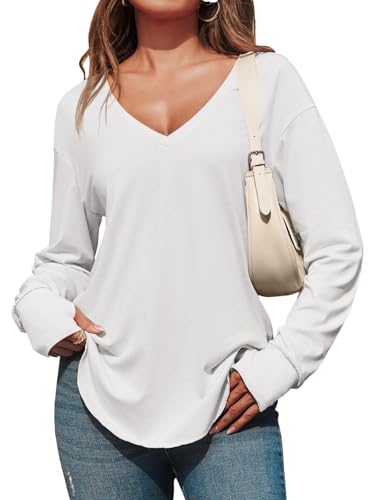 Fisoew T-Shirt à Manches Longues pour Femme, col en V Profond, Manches Longues, surdimensionné, Tunique avec Trou pour Les Pouces, Blanc., XXL