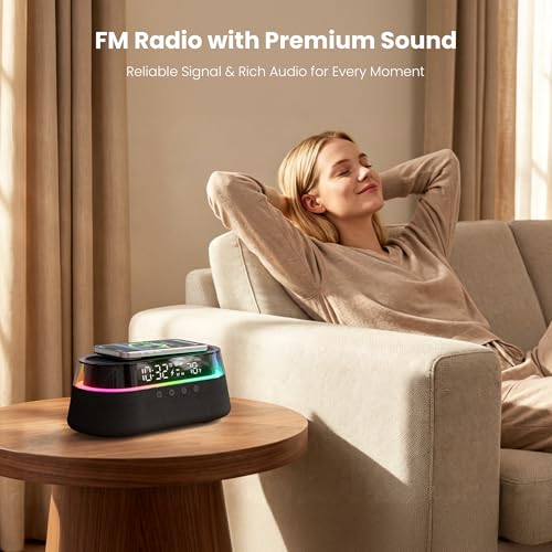 Image of 6-in-1 Bluetooth Speaker Alarm Clock with Remote, FM Radio & Dimmable LED Night Light, 15W Fast Wireless Charger, Dual Digital Clock for Bedroom Home Office, Ideal Gifts for Him, Men Women