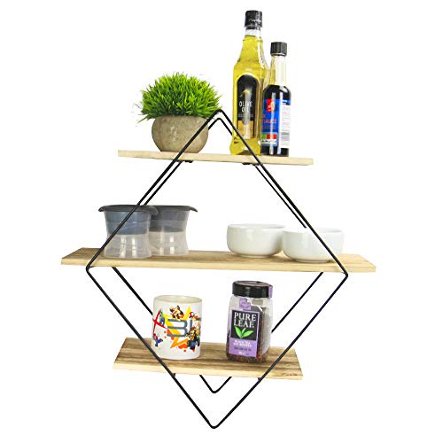 Estante flotante de diamantes de 3 niveles | Estantería de pared | Estantes de exhibición de madera | Almacenamiento para cocina, dormitorio y baño | Fijaciones incluidas | M&W