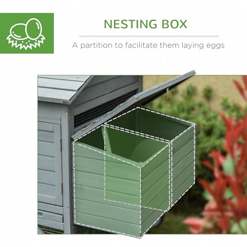 Image of PawHut 96.5 inch Chicken Coop Wooden Hen House Poultry Cage Pen Portable with Wheels and Nesting Box, Chicken Cage for Backyard Outdoor, Gray