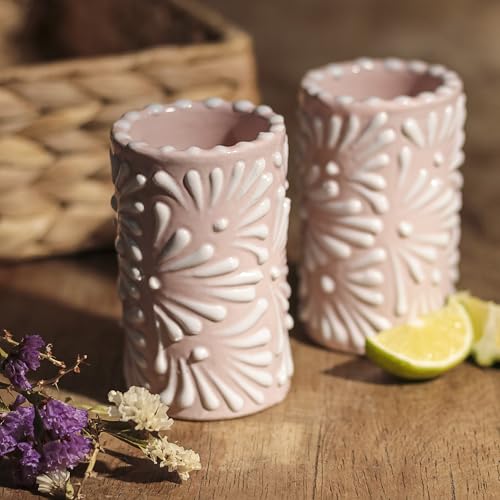 Image of Talavera Shot Glasses Set of 4 Authentic Mexican Tequila Shot Glasses - Hand-painted - 2 Oz (White Brushstroke Pink Background)