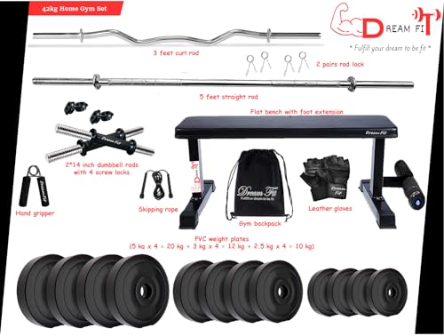 Image of DREAM FIT PVC Home Gym Set - 42 kg with 1 Flat Bench with Foot Extension, 3 ft Curling Rod, 5 ft Straight Rod, 1 Pair Dumbbell rods and Gym Accessories (42kg)
