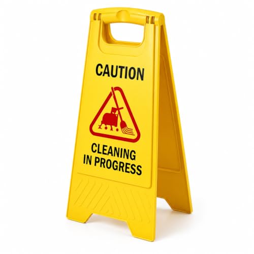 Image of Cleaning in Progress Caution Sign Board - Foldable ABS Plastic Safety Warning Stand for Floor Cleaning Areas, Indoor & Outdoor Use
