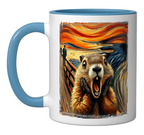Mug cerámico artístico con diseño divertido de marmota azul/blanco