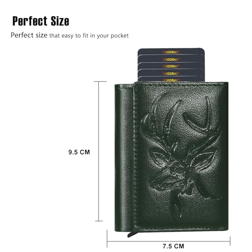 Image of Men's Genuine Leather RFID Wallet | Premium Slim Red Wallet for Men with Deer 3D Print | 8 Card Slots Secure and Durable | Casual Stylish | Formal & Gifting Use, Golden (Green)