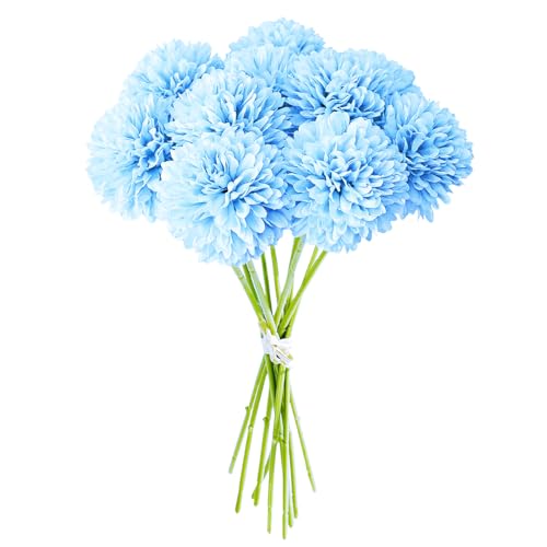 MUYAPAY Fiori di Ortensia Artificiale,12 Pezzi di Fiori di Palla di crisantemo di Seta,Bouquet Di Ortensia Finte,Ortensie Artificiali con steli,per Bouquet di Nozze,Casa,Giardino,Ufficio(Azzurro)