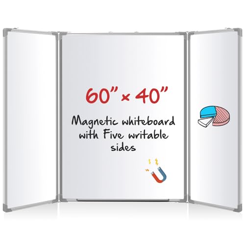 Image of AmazingSpark 60 inch x 40 inch Foldable Whiteboard Dry Erase Board Large Tri Folding Whiteboard Magnetic Dry Erase Board, Wall Aluminium Frame and Flip Out Pen Tray for Office, Home