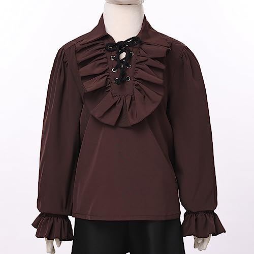 GRACEART Boy's Medieval Pirate Shirt Renaissance Costume Colonial Cosplay Ruffle Shirt Lapel Collar Lace Up Tops Kids Blouse Brown - Image 2