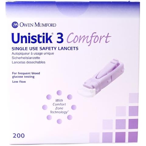 Unistik 3 Comfort Safety Lancets - Box of 200-28G with 1.88mm Penetration Depth Cover