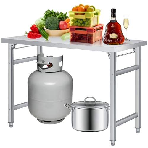 Stainless Steel Folding Table (48x24 in) - Commercial Work Table for Home, Kitchen, Restaurant, Garage, Camping, Outdoor, 520 lbs Load, Foldable Stainless Steel Workstation, Single Tier No Undershelf