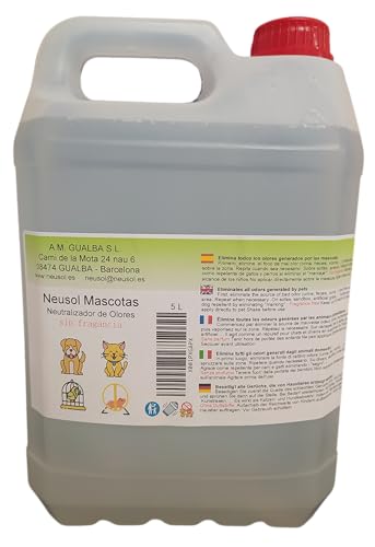 Neusol Mascotas 5L Eliminador de olores de Mascotas instantáneo. Anti Olor orina, heces, vómito de Perros, Gatos... SIN Fragancia Repelente de micciones.