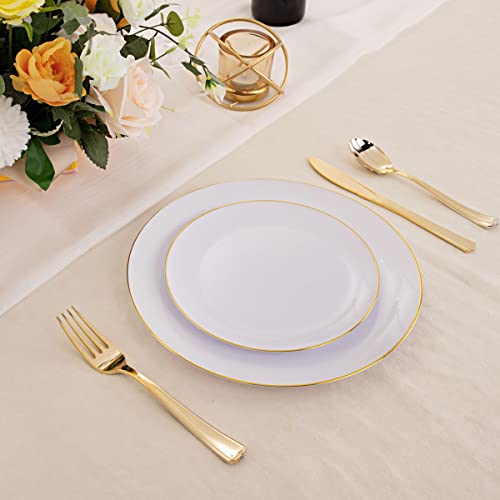 KIRE 60PCS Gold Plastic Plates - Thanksgiving Heavy Duty White Disposable Plates with Gold Rim for Party/Wedding- Include 30Pieces 10.25inch Dinner Plate and 30Pcs 7.5inch Dessert Plate