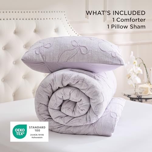 Image of Bedsure Lavender Twin XL /Twin Comforter Set for Girls, GentleSoft 2 Pieces Bow Comforter with 1 Pillow Sham, Twin Size Bedding Sets for Girls Room Decor Aesthetic Bedroom Decor, 68x88 Inches