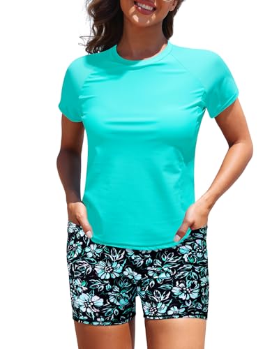 Image of Daci Short Sleeve Rash Guard 2 Piece Swimsuits with Bord Shorts