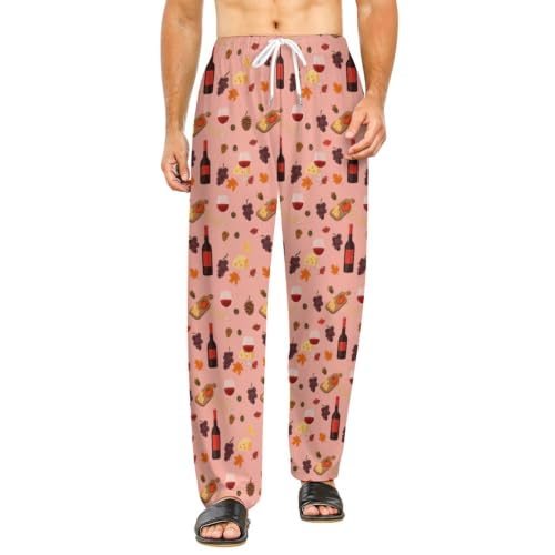 Couples Wine Cartoon Print Wineglass Various Snacks And Delicious Drawstring Pajama Pants, Breathable Relaxed Fit PJs for Weekend, Premium Poly Spandex Printed Sleep Bottoms 5X-Large