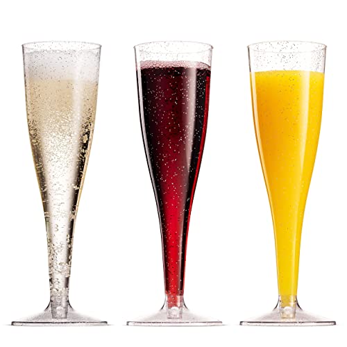 50 Plastic Champagne Flutes - Disposable Champagne Flute - Silver Glitter Plastic Champagne Glasses For Parties, Mimosa Bar, Events, Wedding And Shower Party Supplies - Toasting Cocktail Cups #TOP4
