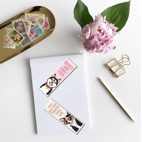 Image of FREEBLOSS 6 Set Puppies Stamped Cross Stitch Bookmark Kits Cross Stitch Kit Embroidery Bookmarks Kit for Adults Beginners with Backing Felt Embroidery Floss DIY Bookmark Kit for Book Lovers 8x2.4''
