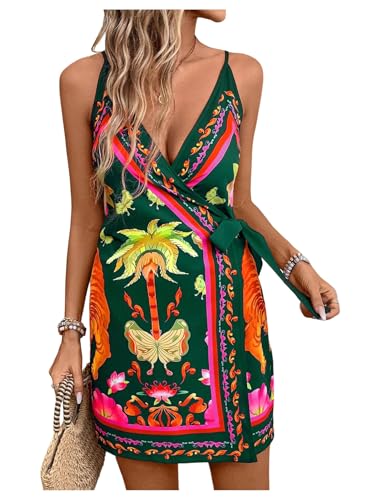 Women's Tropical Print Cami Dress Sleeveless Wrap V Neck Tie Knot Boho Short Dresses