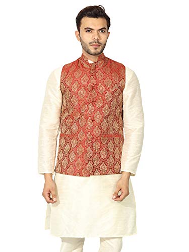 Image of Uri and MacKenzie Men's Silk Blend Regular Kurta Churidar Pyjama with Bundi Nehru Jacket /Waistcoat
