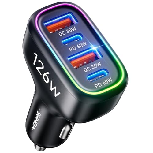 126W [Dual PD60W&QC30W] Cigarette Lighter USB Car Charger Adapter Fast Charging 4 Ports Car Phone Charger for iPhone 16/15/14/13/12, Samsung Galaxy S24/S23 Google Pixel Laptop