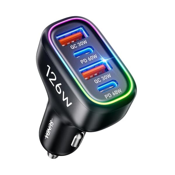 126W [Dual PD60W&QC30W] Cigarette Lighter USB Car Charger Adapter Fast Charging 4 Ports Car Phone Charger for iPhone 16/15/14/13/12, Samsung Galaxy S24/S23 Google Pixel Laptop