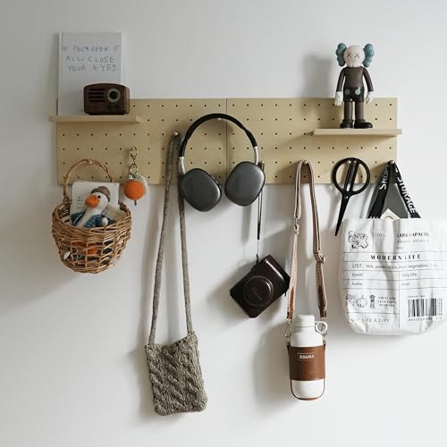 Image of Wooden Pegboard Modular Display Organization Storage Wall Hooks Shelf (Birch Colored Finish-A)