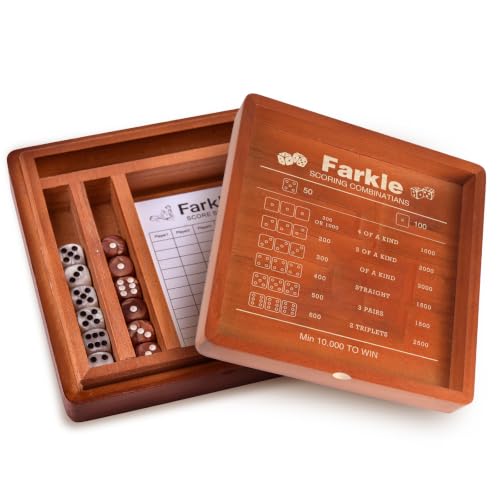 Demine Farkle Classic Dice Game Set Wooden Dice Tray with Storage Case 2 Sets of Dice Score Pad Pen Holder & Built-in Scoring Guide Family Game Night or Gift
