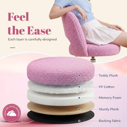 Image of DurayLoly Vanity Chair with Wheels & Open Back,Light Purple | Soft Teddy Fabric, Armless, 6 inch Thick Cushion, Height Adjustable, 300 lbs, 360 Swivel for Vanity Table, Home Office